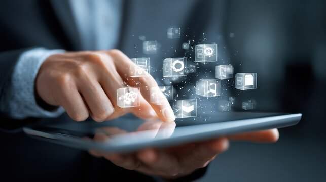Man interacting with virtual icons on a digital tablet during the day for a Business meeting