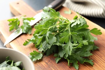 Fresh aromatic parsley and knife on wooden board, closeup