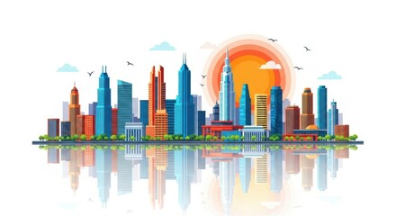 Fototapeta premium Modern Cityscape with Tall Buildings and Water Reflection