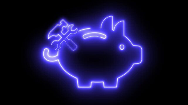 Neon light effect animation of a piggy bank icon with tools