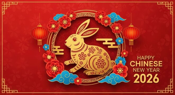 Happy chinese new year 2026 with a golden rabbit, lanterns, and flowers on a red background