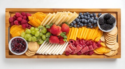 Abundant charcuterie board overflowing with fresh fruits cheeses meats and crackers