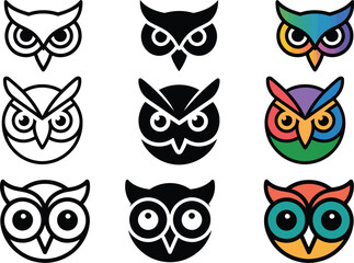 Charming owl icons in line, solid, and color styles