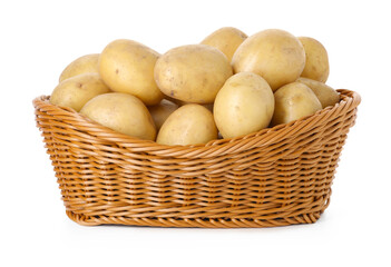 Fresh raw potatoes in wicker basket isolated on white
