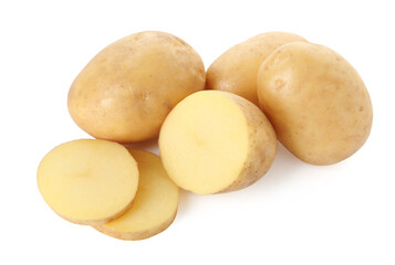 Whole and cut potatoes isolated on white