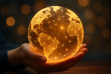 Glowing digital globe in hands, global network and technology concept, illuminated world map, futuristic connection