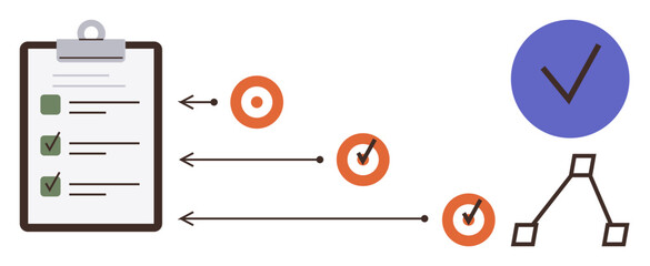 Clipboard with checklist, arrows connecting targets to chart and blue circle with checkmark. Ideal for planning, organization, productivity, workflows, goals, progress tracking, business strategy