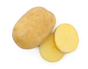 Whole and cut potatoes isolated on white, top view