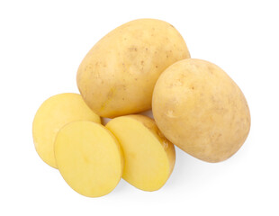 Whole and cut potatoes isolated on white, top view