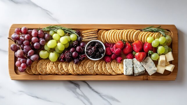 Artfully arranged charcuterie board featuring grapes cheese crackers and berries