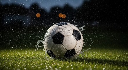 Fototapeta premium Soccer ball in the rain on a wet grass field with water splashing around it