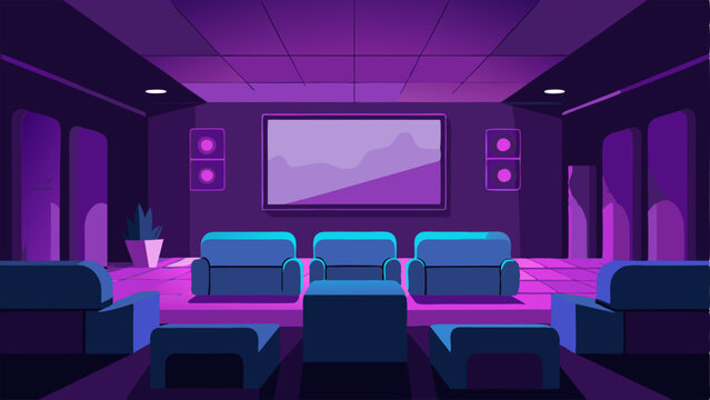 A modern home theater with plush velvet seating a large screen and dramatic purple lighting.