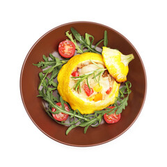 Tasty stuffed pattypan squash with tomatoes and arugula isolated on white, top view