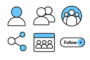 Minimal icon pack in black, white and blue showing connections, followers, community groups and networks for UI, social media platforms and engagement tools.