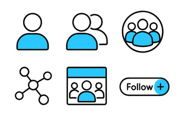 Cartoon black and blue social media icons featuring profiles, friends, groups, network, community page and follow button. Perfect for social dashboards and apps.