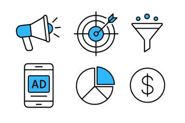 Minimal icon pack using black, white and blue showing advertising elements like campaigns, analytics and spend tracking for social media UI and marketing platforms.