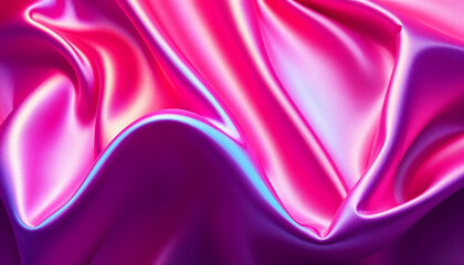 Fototapeta premium Vibrant iridescent pink and purple silk fabric with flowing waves and soft folds, creating a luxurious and abstract shimmering texture with a glossy, lustrous finish