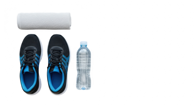 Athletic gear ready for a workout including shoes water bottle and towel