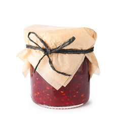 Sweet raspberry jam in glass jar isolated on white