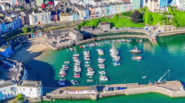 A close in rotating aerial view across the harbour in the early morning in Tenby, South Wales in summertime