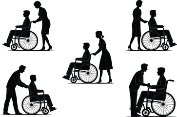 Caregiver pushing a disabled person in a wheelchair silhouette vector illustration set, a collection of men and women assisting a patient, health care and support 
