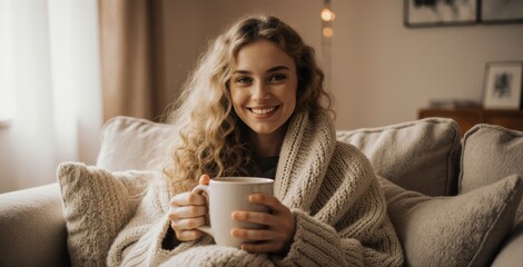 A cheerful young woman with curly hair smiles while wrapped in a cozy blanket, holding a warm mug in a comfortable home setting.