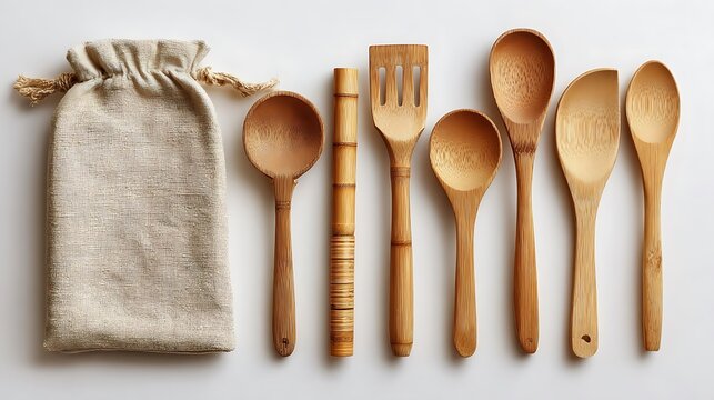 Natural bamboo utensil set with rustic drawstring pouch for kitchen cooking and serving