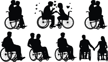 Disabled love and couples silhouette vector illustration set, a collection of loving people in wheelchairs, kissing, embracing and holding hands, romance and 