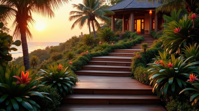 Curved wooden stairs lead to a luxury cottage through a lush, tropical garden at sunset, evoking a sense of peaceful, exclusive escape.
