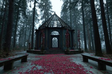 Dark, glass gazebo in misty forest, covered in petals