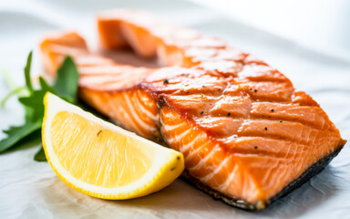 Delicious grilled salmon fillet with lemon wedge and greens