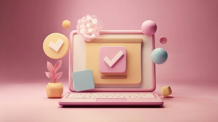 Pastel laptop with checkmarks, 3D render