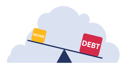 Installment debt, income and debt with seesaw showing higher debt than income, failure to balance between debit and income on the seesaw