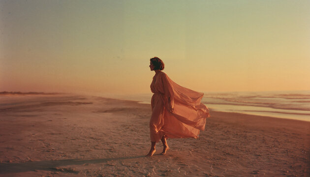 Woman walking alone on the beach wearing a flowing dress during sunset in a peaceful and dreamy atmosphere