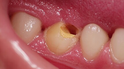 Obraz premium Side angle of a small mouth ulcer with a shallow crater and yellowwhite rim contrasted against healthy pink oral lining.