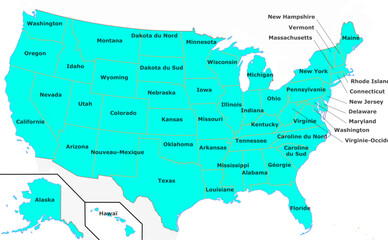 United States map showing states and geography of America with country divisions and cartography elements