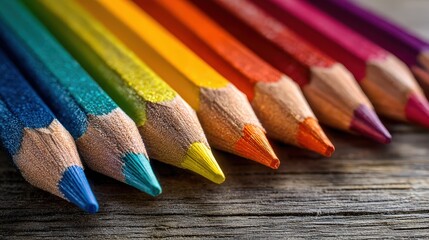 Perfect row of freshly sharpened colored pencils with vibrant tips arranged from purple to blue showing art supplies and creative tools for drawing