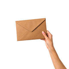 Fototapeta premium A hand holds a brown kraft paper envelope against a transparent background