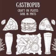 Gastropub menu. Pub food and beer. Hand drawn vector illustration. Food and drink sketch. Top view. Hand drawn food collection for gastropub or pub menu design. Beer, croutons, burger, pizza,snacks