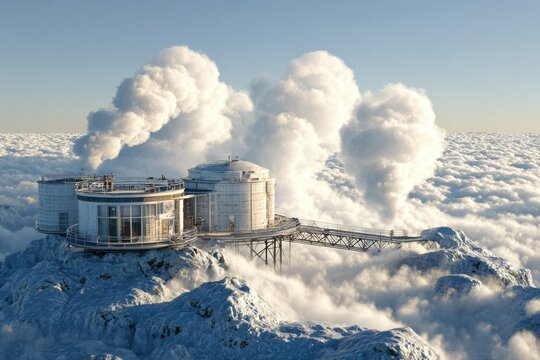 White structure on snow-capped mountaintop, clouds
