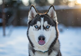 Naklejka premium A beautiful Siberian husky with striking blue eyes sticks out its tongue in the winter snow.