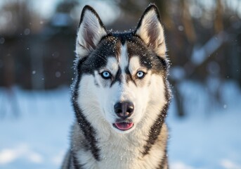 Naklejka premium A stunning Siberian Husky with piercing blue eyes, enjoying a snowy winter day.
