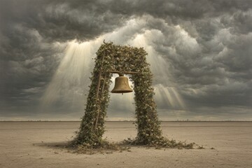 A weathered bell, framed by greenery, in a desolate landscape under a stormy sky