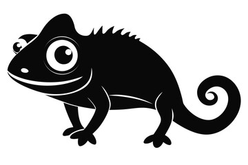 Isolated black chameleon exhibits a friendly grin against a clean white backdrop