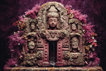 Obraz premium Ornate stone sculpture with Buddha face, intricate carvings, and floral elements