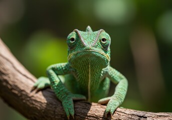 Fototapeta premium A stunning close-up of a vibrant green chameleon, perched on a branch, looking directly at the camera.