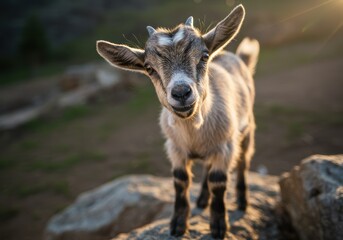 Naklejka premium A charming baby goat gazes directly at the camera with an inquisitive and lovable look.