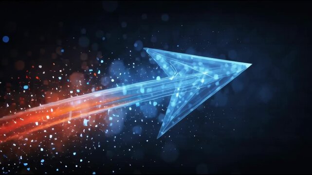 Abstract Blue Glowing Arrow Moving Upward with Energetic Particles: Progress and Growth