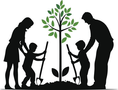 A silhouette of a family planting a young tree with shovels for environmental awareness and growth