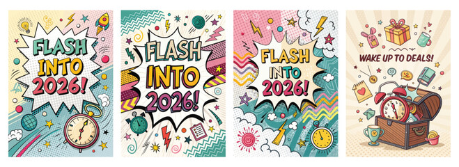 Set of four colorful comic-style posters celebrating flash deals and the year 2026 with dynamic elements